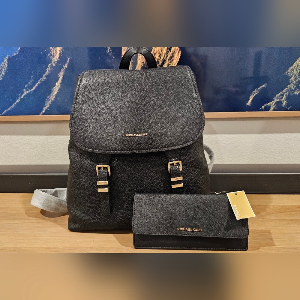 Michael Kors Black Backpack and Wallet Set